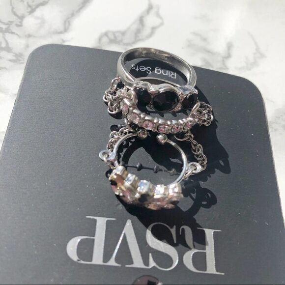 2/$20 Silver Black Rhinestone Diamante Diamond Stone Jewel Gem 3 Ring Set - Picture 1 of 4